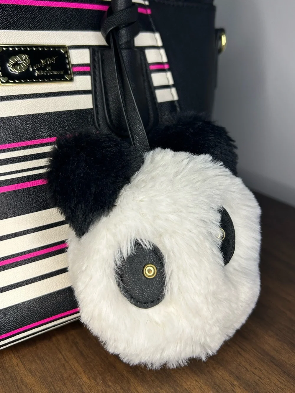 Luv Betsey Johnson Striped Black Pink Satchel Tote Panda Pom Charm
